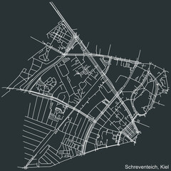 Detailed negative navigation white lines urban street roads map of the SCHREVENTEICH DISTRICT of the German regional capital city of Kiel, Germany on dark gray background