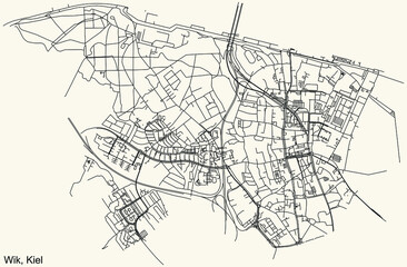 Detailed navigation black lines urban street roads map of the WIK DISTRICT of the German regional capital city of Kiel, Germany on vintage beige background