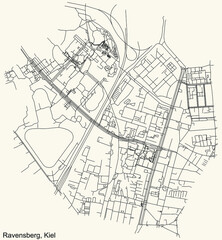 Detailed navigation black lines urban street roads map of the RAVENSBERG DISTRICT of the German regional capital city of Kiel, Germany on vintage beige background