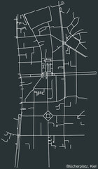 Detailed negative navigation white lines urban street roads map of the BLÜCHERPLATZ DISTRICT of the German regional capital city of Kiel, Germany on dark gray background