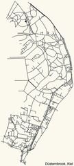 Detailed navigation black lines urban street roads map of the DÜSTERNBROOK DISTRICT of the German regional capital city of Kiel, Germany on vintage beige background