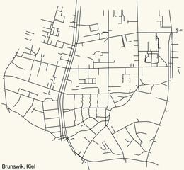 Detailed navigation black lines urban street roads map of the BRUNSWIK DISTRICT of the German regional capital city of Kiel, Germany on vintage beige background
