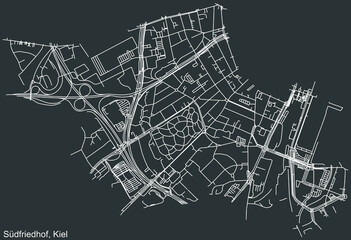 Detailed negative navigation white lines urban street roads map of the SÜDFRIEDHOF DISTRICT of the German regional capital city of Kiel, Germany on dark gray background