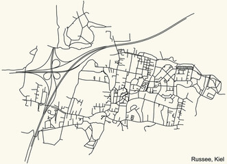 Fototapeta premium Detailed navigation black lines urban street roads map of the RUSSEE DISTRICT of the German regional capital city of Kiel, Germany on vintage beige background