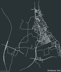 Detailed negative navigation white lines urban street roads map of the SCHILKSEE DISTRICT of the German regional capital city of Kiel, Germany on dark gray background
