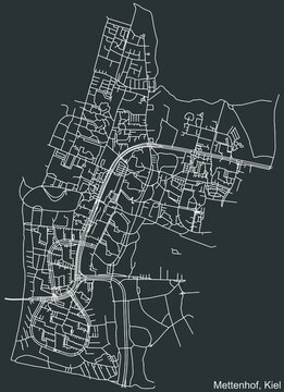 Detailed negative navigation white lines urban street roads map of the METTENHOF DISTRICT of the German regional capital city of Kiel, Germany on dark gray background