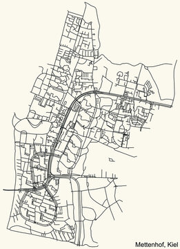 Detailed navigation black lines urban street roads map of the METTENHOF DISTRICT of the German regional capital city of Kiel, Germany on vintage beige background