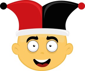 Vector illustration of the face of a yellow cartoon character with a jester harlequin cap