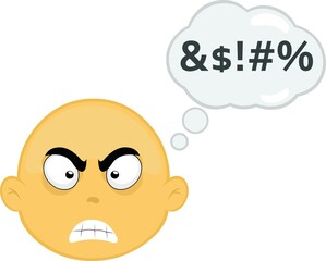 Vector illustration of the face of a yellow cartoon character with an angry expression and a cloud of thought with a text of insults