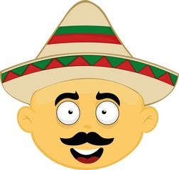 Vector illustration of the face of a yellow cartoon character with a mustache and a hat of mexican culture