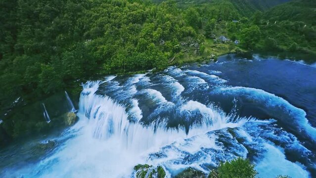 Waterfall Strbacki buk aerial ascending shot