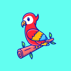 Cute cartoon parrot on a branch in vector illustration. Isolated animal vector. Flat cartoon style
