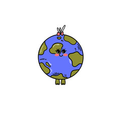 Smiling cartoon flat globe. Happy Earth day. Happy cute funny Earth emoji.