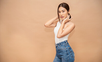 Portrait of young beautiful sexy asian korean woman slim fit body. Isolated of face facial fashion asian girl looking. Lifestyle japanese makeup, korea people glow skin, beauty asia girl next door.