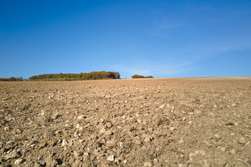Plowed agricultural field with cultivated fertile soil prepared for planting crops in spring