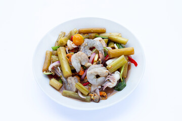 Lotus stem spicy salad with seafood. Thai food recipes