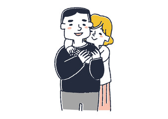 太った男性と標準体型の女性のカップル　幸せそうに愛し合う二人　コミカルな手書きの人物　