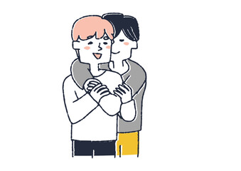 男性同士のカップル　幸せそうに愛し合う二人　コミカルな手書きの人物　