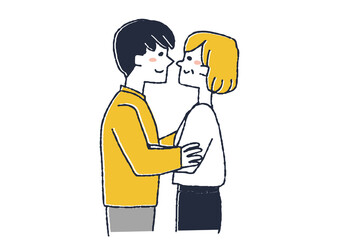 歳の差があるカップル（女性が年上）幸せそうに愛し合う二人　コミカルな手書きの人物　