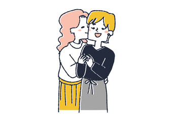 女性同士のカップル　幸せそうに愛し合う二人　コミカルな手書きの人物　
