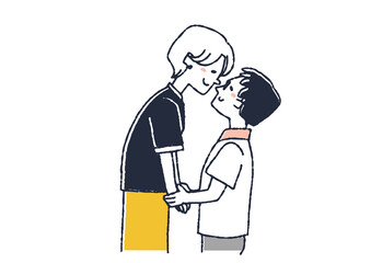 女性の方が身長が高いカップル　幸せそうに愛し合う二人　コミカルな手書きの人物　