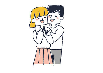 バックハグをしている男女のカップル　幸せそうに愛し合う二人　コミカルな手書きの人物　
