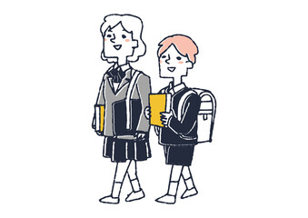 本を持って歩いている小学生と中学生　コミカルな手書きの人物　ベクター、温かみのある線画