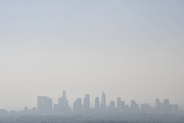 Downtown Los Angeles skyline seen through smog