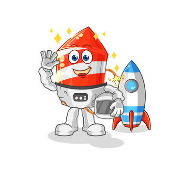 fireworks rocket astronaut waving character. cartoon mascot vector