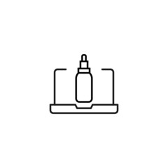 Simple black and white illustration drawn with thin line. Perfect for advertisement, internet shops, stores. Editable stroke. Vector line icon of cosmetic bottle for gel or shampoo on laptop monitor