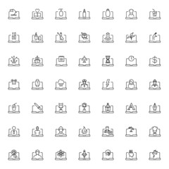 Simple black and white illustrations drawn with thin line. Editable stroke. Line icon set with vector signs of various items on monitor or modern laptop