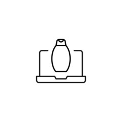 Simple black and white illustration drawn with thin line. Perfect for advertisement, internet shops, stores. Editable stroke. Vector line icon of shampoo on laptop monitor