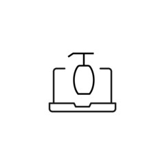 Simple black and white illustration drawn with thin line. Perfect for advertisement, internet shops, stores. Editable stroke. Vector line icon of liquid soap on laptop monitor