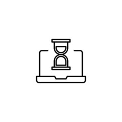 Simple black and white illustration drawn with thin line. Perfect for advertisement, internet shops, stores. Editable stroke. Vector line icon of hourglass on laptop monitor