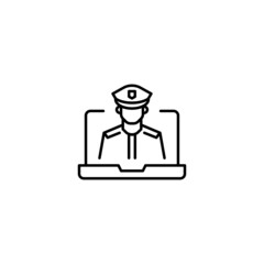 Simple black and white illustration drawn with thin line. Perfect for advertisement, internet shops, stores. Editable stroke. Vector line icon of pilot on laptop monitor
