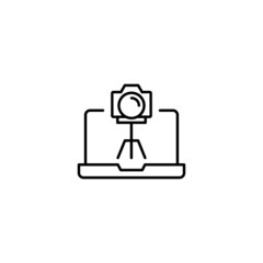 Simple black and white illustration drawn with thin line. Perfect for advertisement, internet shops, stores. Editable stroke. Vector line icon of photo camera on laptop monitor