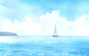 Watercolor illustration of a yacht in the sea