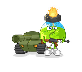 laboratory spirit lamp soldier with tank character. cartoon mascot vector