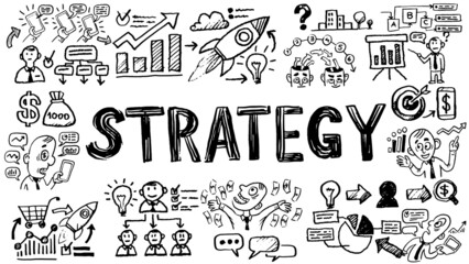 Business words and phrases typography doodle graphic with concept icons and symbols