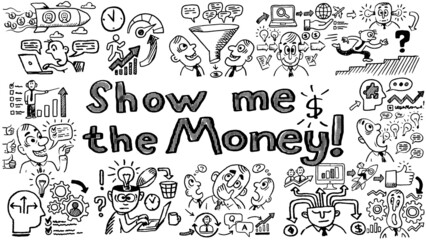 Business words and phrases typography doodle graphic with concept icons and symbols