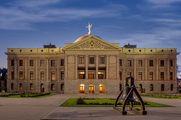 No drill blackout roller blinds Arizona Illuminated Arizona State Capitol with Liberty Bell at dusk