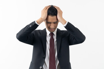 asian young businessman have a headache isolated on white background