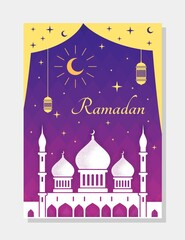 Ramadan Kareem concept. Islamic greeting card with white mosque, purple background and crescent moon. Muslim religious holiday. Design for wallpaper or social network. Cartoon flat vector illustration