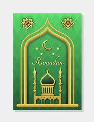 Ramadan Kareem concept. Beautiful green Islamic greeting card with mosque, traditional pattern and inscription. Design for social network and poster. Muslim Holiday. Cartoon flat vector illustration