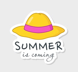Summer holiday sticker. Icon with panama hat or headdress to protect from sun and inscription. Accessory for relaxing on beach or sea. Cartoon flat vector illustration isolated on beige background