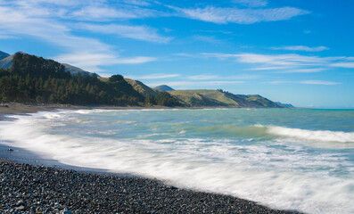 Stony shoreline of Kaikoura coastline