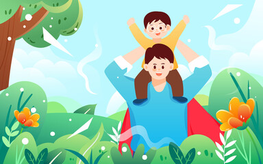 Obraz na płótnie Canvas Dad wearing superman costume on fathers day, parent-child interaction, vector illustration