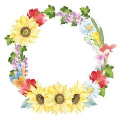 いろいろな花のカラフルなリース　水彩画