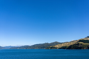 Flocks of seabirds on water below as top of South Island and Marlborough Sounds are approached by sea