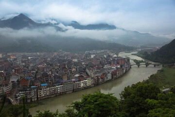 Rivers, villages and tourist scenery in mountainous areas of Zhejiang Province, China, on May 30,...